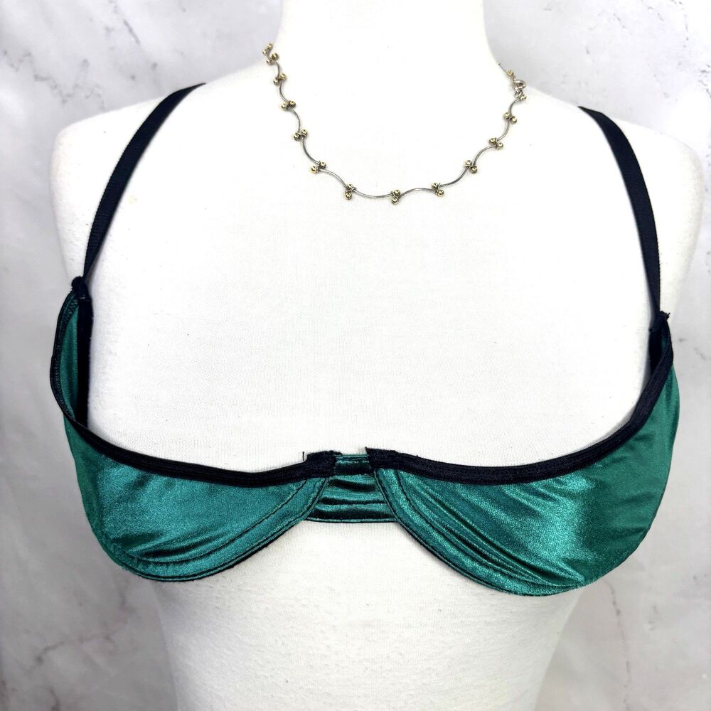 vintage Black Shelf Bra Green satin Open Cup Lingerie Size L shinny Whimsigoth